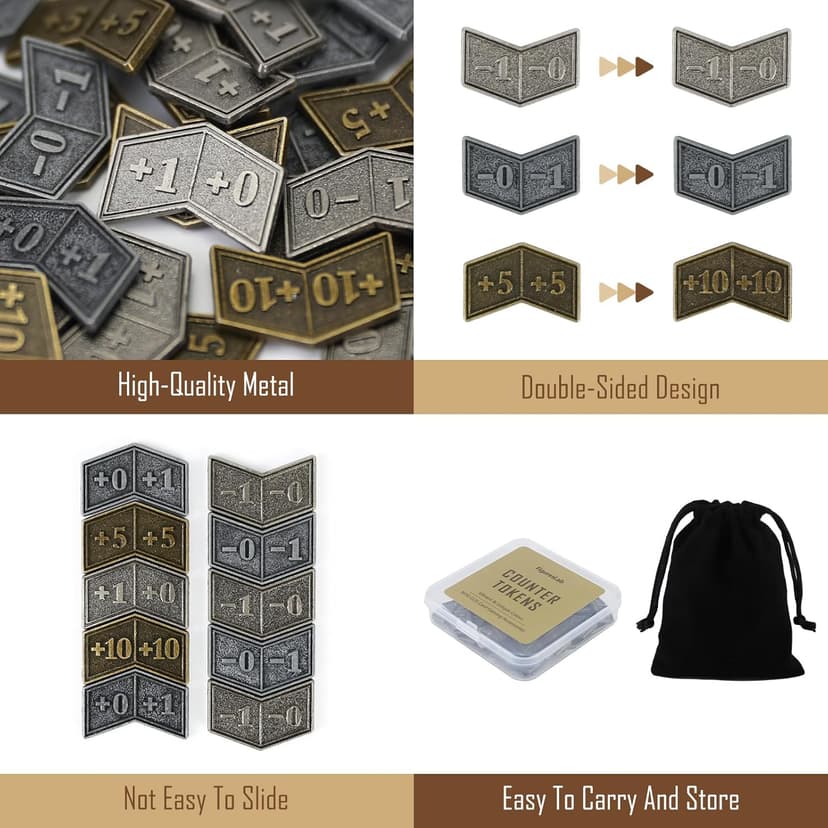 53Pcs MTG Antique Metal Buff Counter Tokens & MTG Keyword/Counters Dice Set, Magic Card Creature Stats or Loyalty Counter for TCG Card Gaming Accessories with Velvet Bag & Box