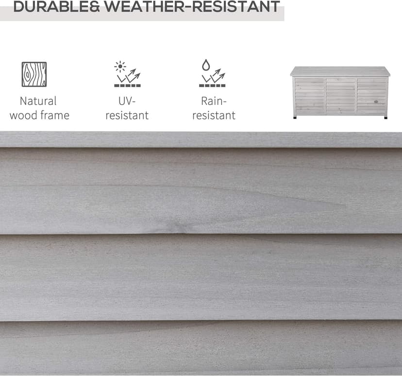 Outsunny 75 Gallon Wooden Deck Box, Outdoor Storage Container with Aerating Gap & Weather-Fighting Finish, Grey