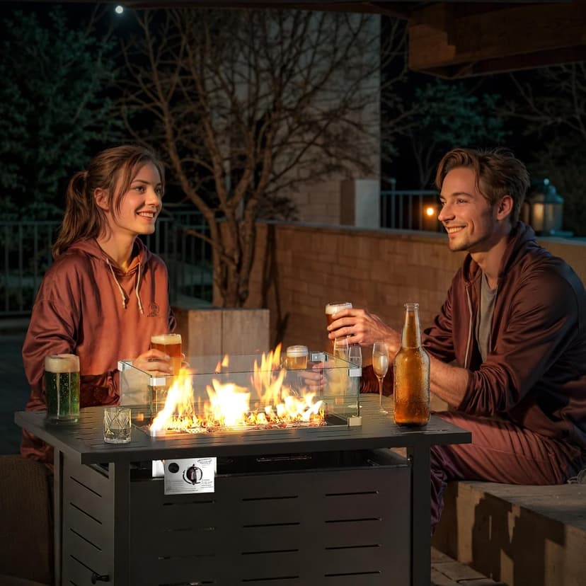 Aoxun 44 Inch Propane Fire Pit 50,000 BTU Outdoor Gas Fire Table with Waterproof Cover and Glass Wind Guard, Rectangular Steel Firepit Table with Lid and Lava Rock for Outdoor, Patio, Backyard