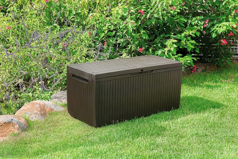 Keter Springwood 80 Gallon Resin Outdoor Storage Box for Patio Furniture Cushions and Garden Tools with Handles, Brown