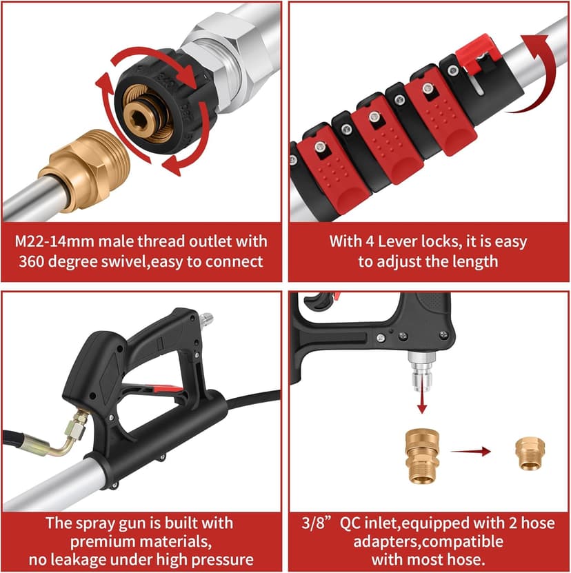 24 FT Gutter Cleaning Tools from The Ground - Telescoping Pressure Washer Wand - Gutter Cleaner Attachment with Power Washer Extension Wands, 7 Spray Nozzle Tips, 2 Hose Adapters and Support Belt