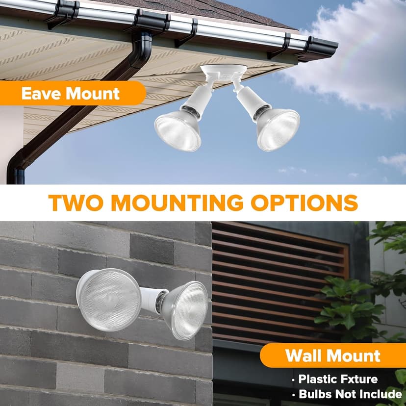 LUTEC 2 Pack Adjustable Twin Par Holder Outdoor Flood Lights, Switch Controlled Security Lights, Floodlights Fixture, Waterproof Exterior Max 300 Watt Par38 Flood Light for Garage, Yard, Porch-White