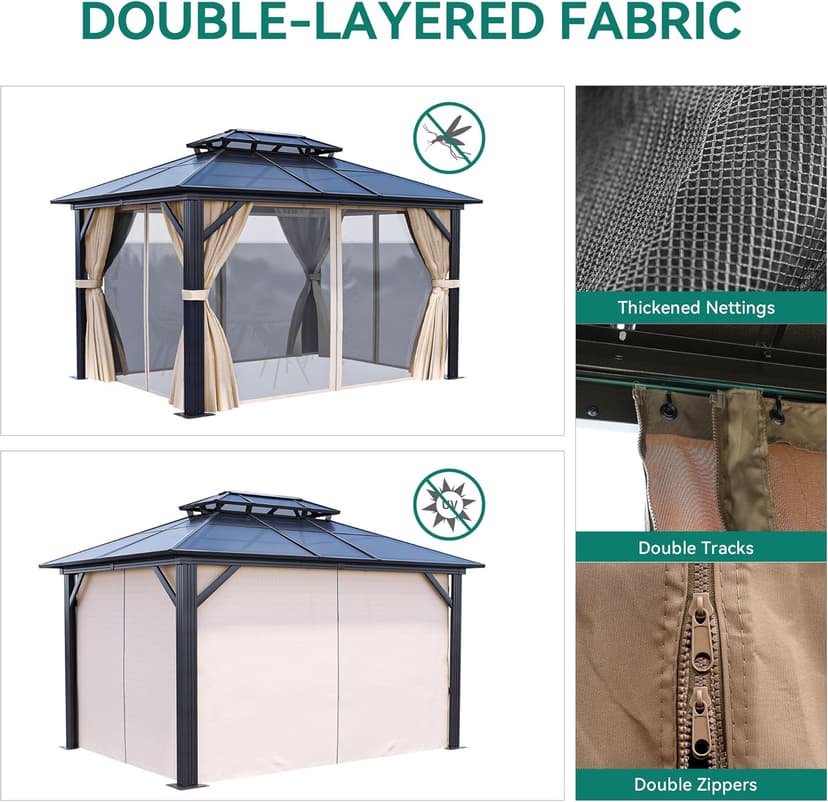 YITAHOME 10x12FT Gazebo Hard-Top Double Roof Canopy Outdoor with Netting and Shaded Curtains, Aluminum Frame Polycarbonate Hardtop Garden Tent for Patio, Backyard, Deck and Lawns, Brown
