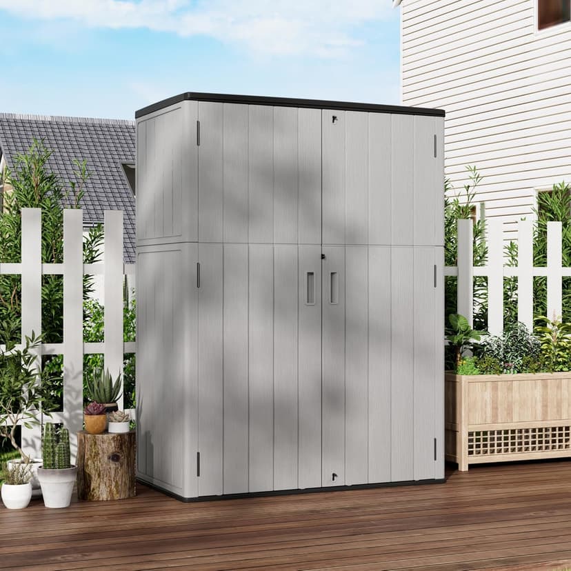Vertical Storage Sheds with Floor, Sheds & Outdoor Storage Cabinet Waterproof for Garage Storage, Pool Storage, Bike Shed, Garden Shed 57Cu.ft Light Gray