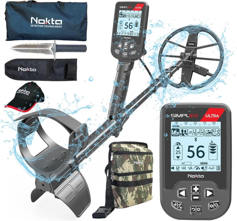 Nokta Simplex Ultra Metal Detector Kit Serious Beginner Pack (Digger,Carrying Case,Cap) Professional Metal Detector Set for Adults Waterproof with Carbon Fiber Shaft and 11” Search Coil