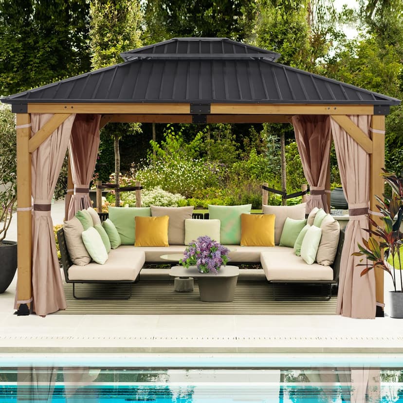 CHARMELEON 10'x12' Wood Gazebo,Patio Cedar Wood Gazebo with Mosquito Netting and Curtains, Galvanized Steel Hardtop Pavilion for Outdoor, Garden, Deck
