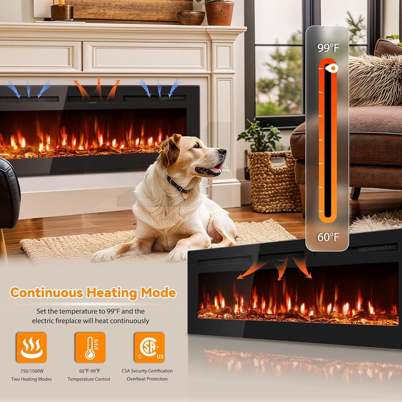 50 inch Electric Fireplace in-Wall Recessed and Wall Mounted with Remote Control, 1500/750W Fireplace Heater (60-99°F Thermostat) with 12 Adjustable Color, Timer, Log and Crystal