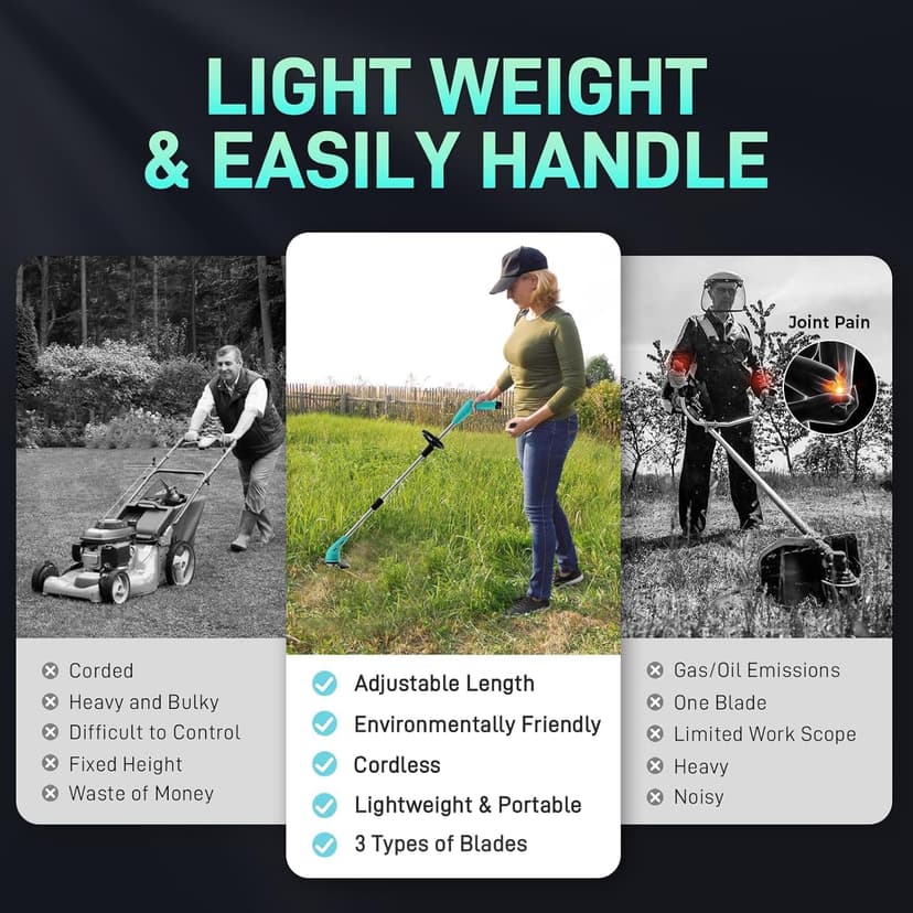 Cordless Lawn Trimmer Weed Wacker - HooSeen 12V Grass Trimmer Weed Cutter with 3 Types Blades, Hand Weeder, 2.0Ah Li-ion Battery Powered Weed Trimmer Grass Cutter for Garden and Yard
