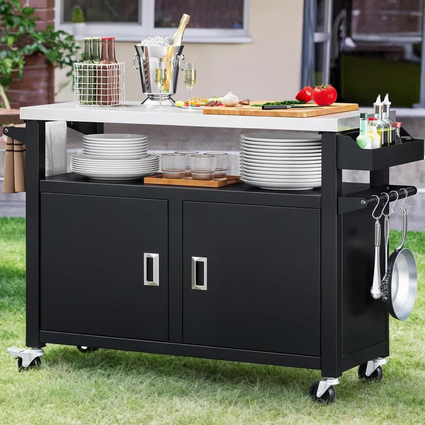 YITAHOME XL Outdoor Grill Cart with Stainless Steel Top, Outdoor Grill Table with Storage Cabinet for Patio, Kitchen Prep, Grilling Accessories, Black