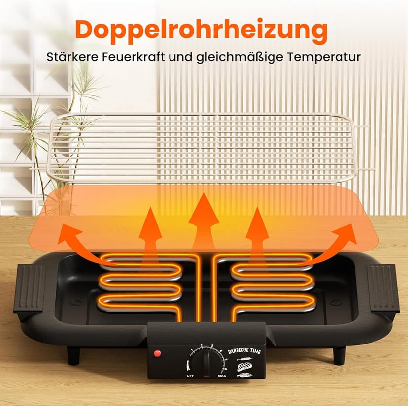 Electric BBQ Grill, Smokeless Non-Stick Indoor/Outdoor Barbecue Grill, 2000W Double tube High Power Portable Removable Stand Grill for BBQ Party (Elegant Black)