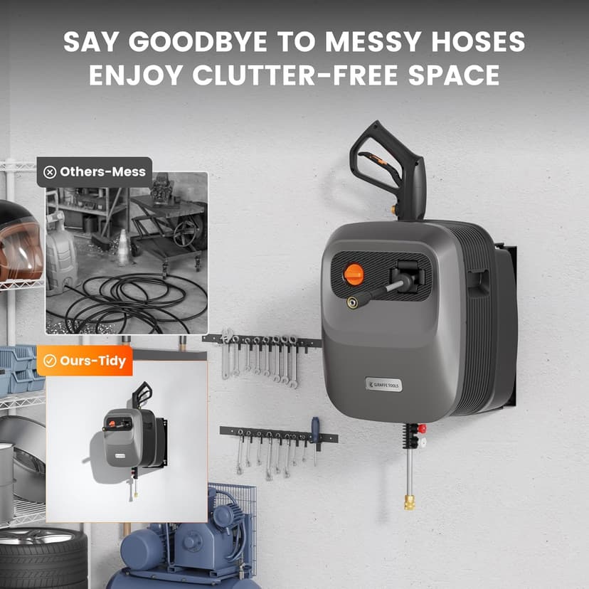 Giraffe Tools Grandfalls Pressure Washer G20 Pro, 2500 PSI 2.2 GPM, Wall Mounted Power Washer with 65FT Hose Reel, Ultra-Soft Pressure Hoses, 4 Nozzles for Floor/Cars/Fences/Patios, Dark Silver