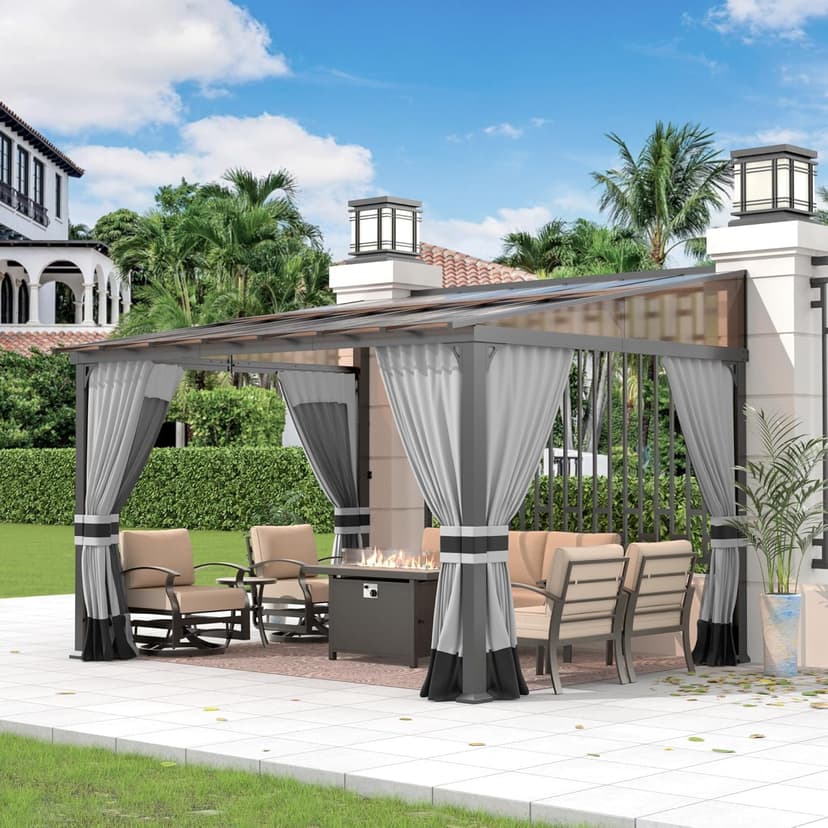 Gotland 10FTx12FT Outdoor Wall-Mounted Hardtop Pergola, Metal Frame Gazebo with Sloping Sun Panel Roof and Double Curtains for Patio, Garden, Lawn, Grey