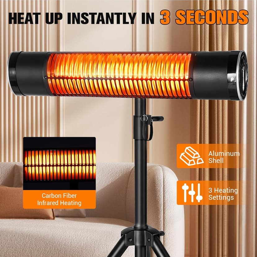 Outdoor Electric Heater, 1500W Outdoor Heaters for Patio, Tripod Mounted Infrared Heaters with Remote, Radiant Patio Heater with 3 Heat Settings, 8H Timer for Outdoor, Garage, Yard