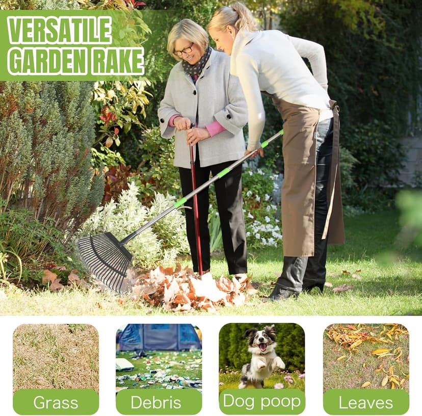 Joyhalo Rake for Leaves Adjustable 65 Inch Long, 18 Inch Wide Garden Rake with 25 Tines, Metal Leaf Rakes, Rakes for Lawns, Gathering Leaves, Weeds, Debris