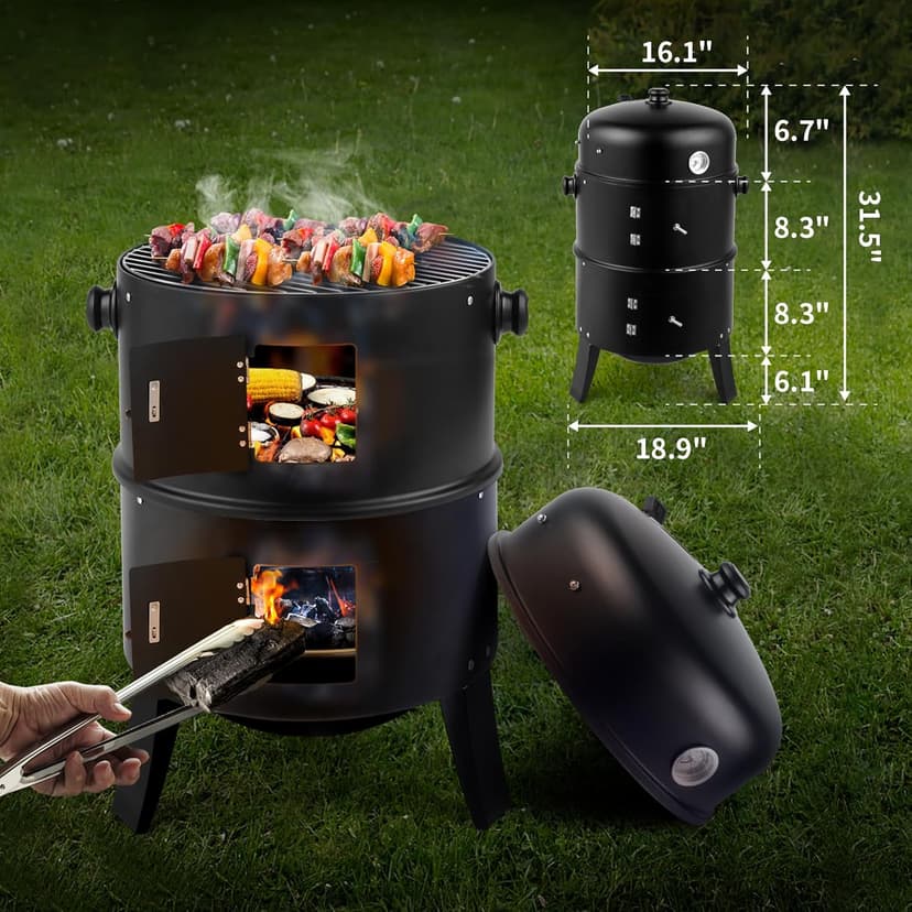 16 Inch Charcoal BBQ Smoker Grill,3-in-1 Portable Vertical Grill Cooker with Built-in Thermometers & Adjustable Vent Systems for Outdoor Backyard Cooking, Camping & Patio Parties