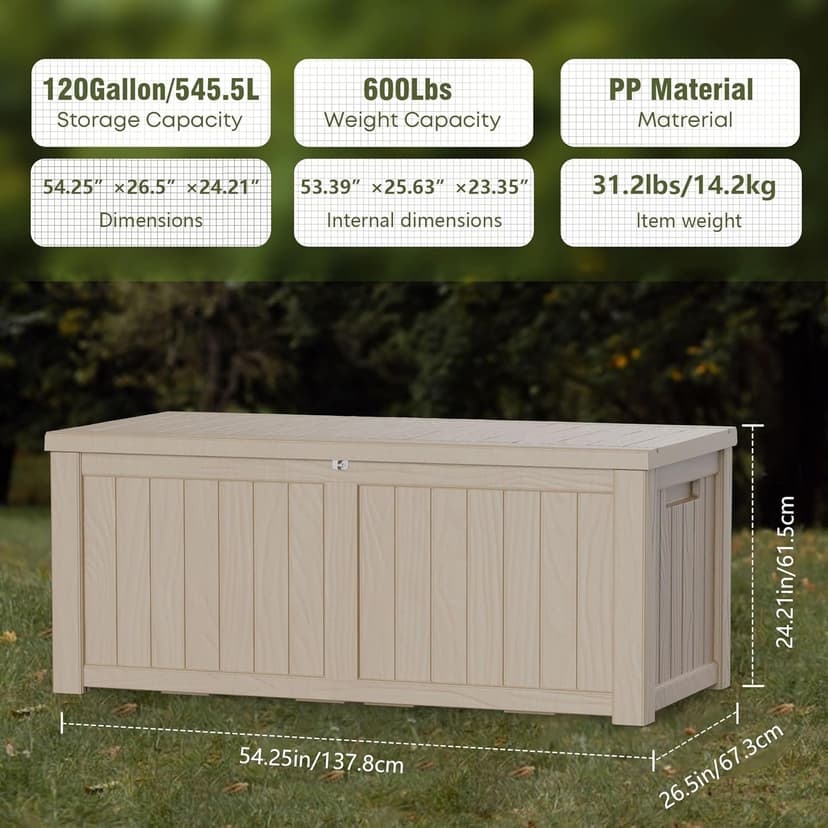120 Gallon Deck Box,Outdoor Storage Box Lockable,Waterproof for Patio Furniture, Garden Tools, Pool Accessories, UV-Resistant for All Weather Use, Coffee