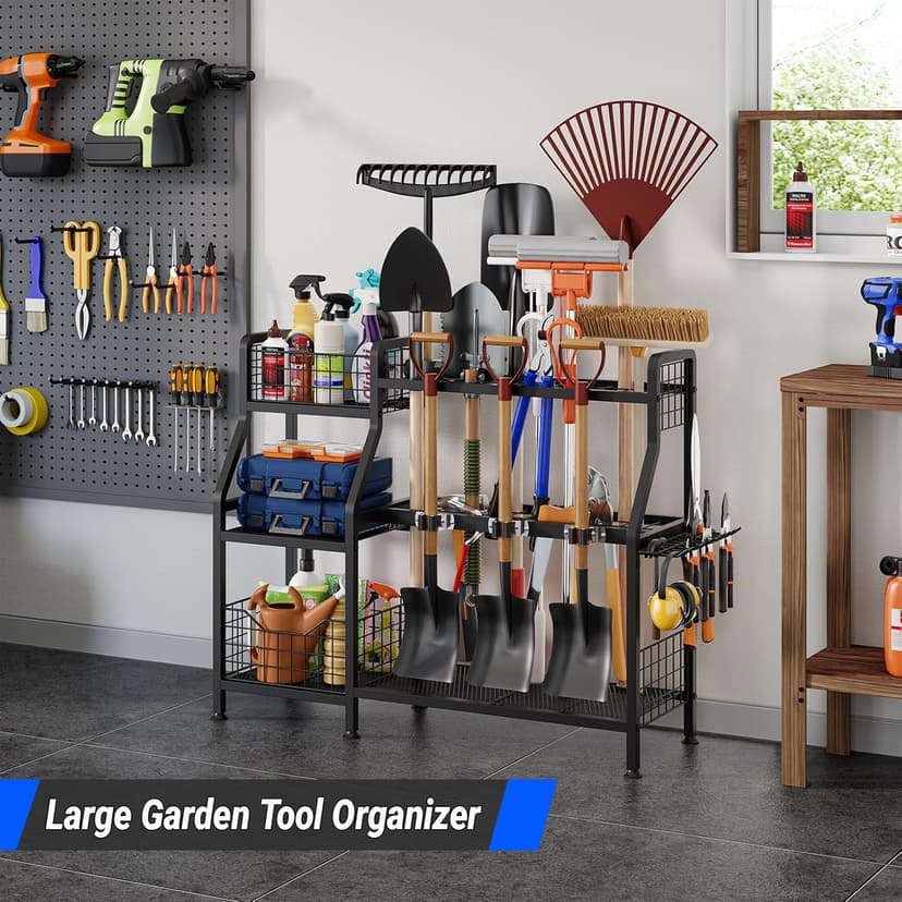 keomaisyto Garden Tool Organizer for Garage/Shed, 3 Tier Garage Tool Organizer and Storage Holder with Hooks, Large Garden Tools Tower Rack with Storage Basket for Shed/Yard/Lawn