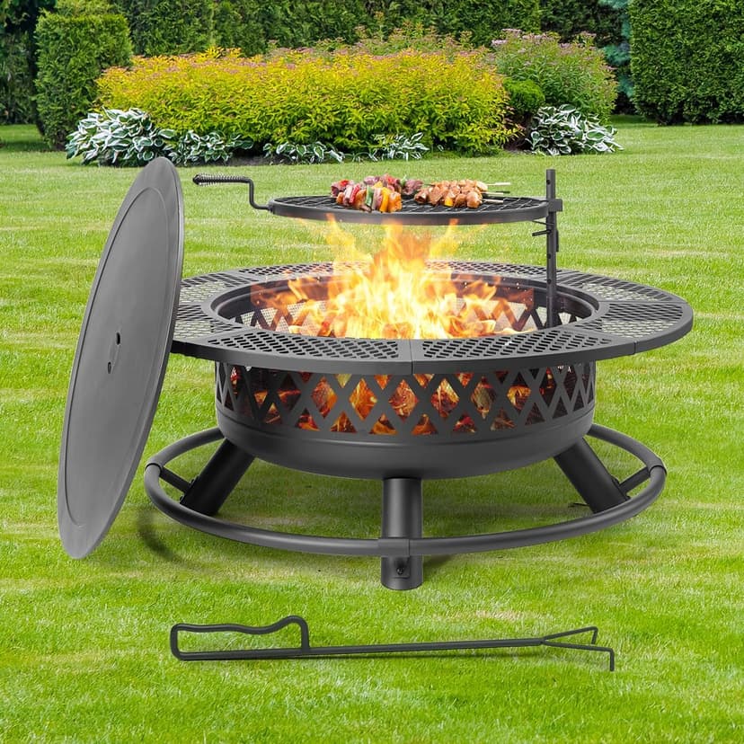 42 Inch Outdoor Fire Pit with Grill, Large Firepit Table for Outside, Metal Round Firepits with Lid&Fire Poker,3 in 1 Wood Burning Fire Pits & Outdoor Fireplaces for Backyard,Patio(Black)