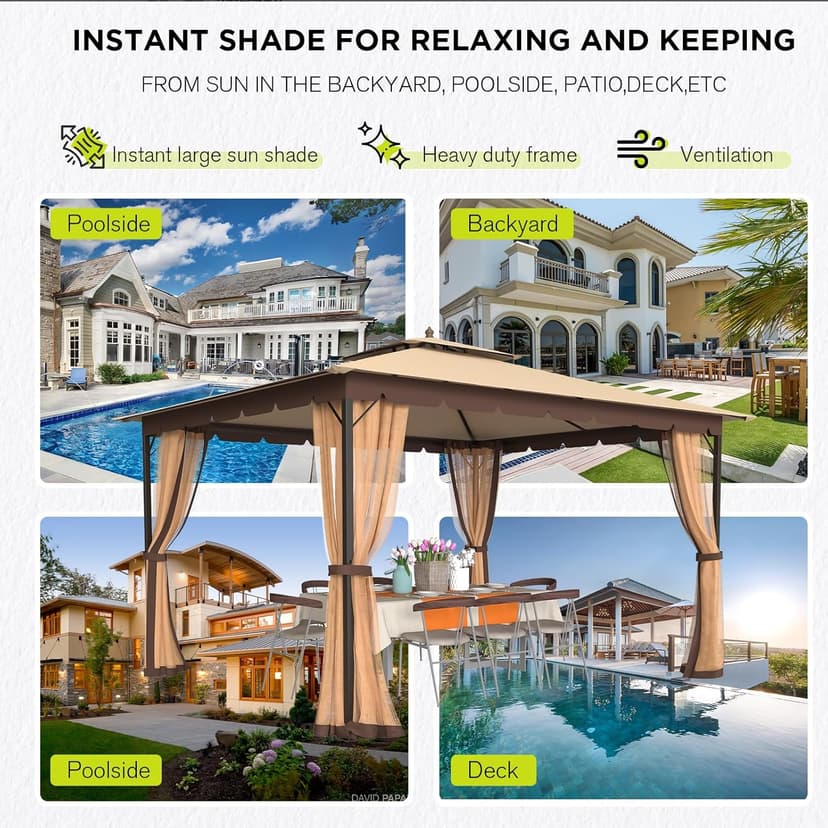 [New-Gen] Outdoor Patio Gazebo10x12,Gazebo with Mosquito Netting[Sturdy Metal Heavy Duty Frame],Outdoor Canopy Gazebos with Double Air Roofs,Outdoor Gazebo Tent,Waterproof Sunshade for Backyard/Deck