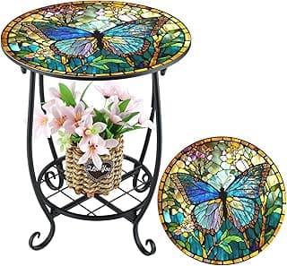 14 Outdoor Side Table Round Small Mosaic Patio Accent Indoor End Plant Metal Coffee Tea Table for Yard Porch Garden Patio Living Room, Bedroom(Butterfly Style,14)