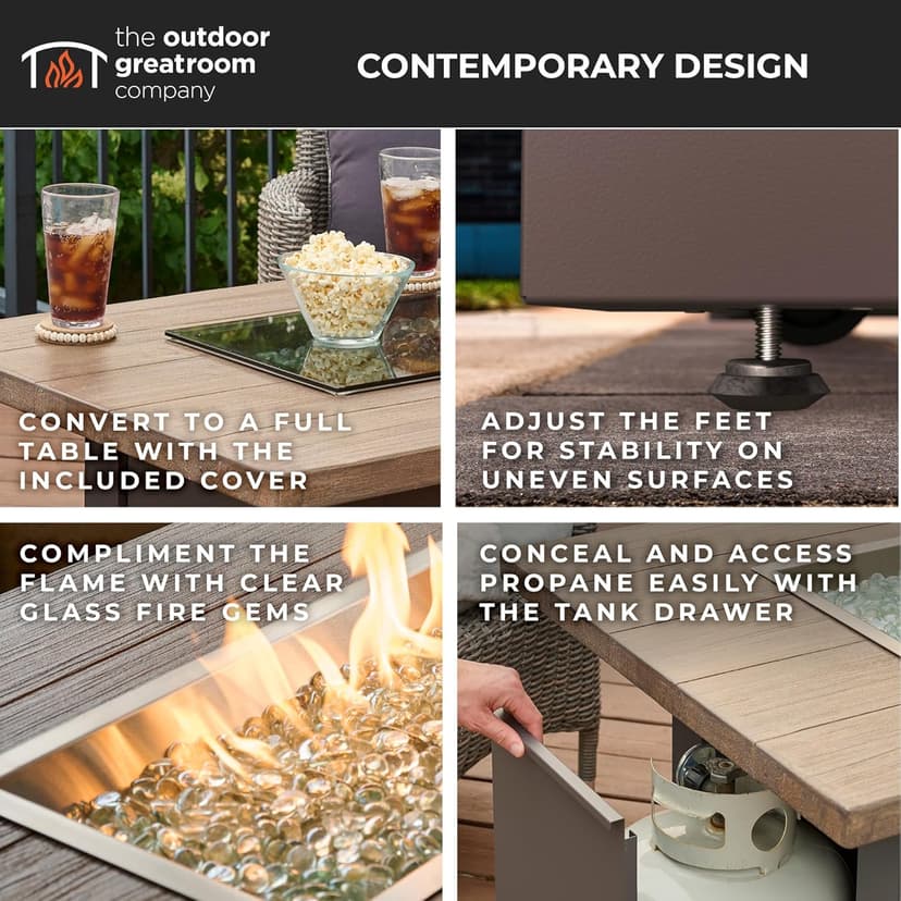 Outdoor GreatRoom Co Propane Fire Pit Table 62" Havenwood 80,000 BTU Luxury Gas Fire Pits for Outside Patio, Everblend Concrete Fire Table Top, Crystal Fire Plus Burner & Glass Cover, US Safety Rated