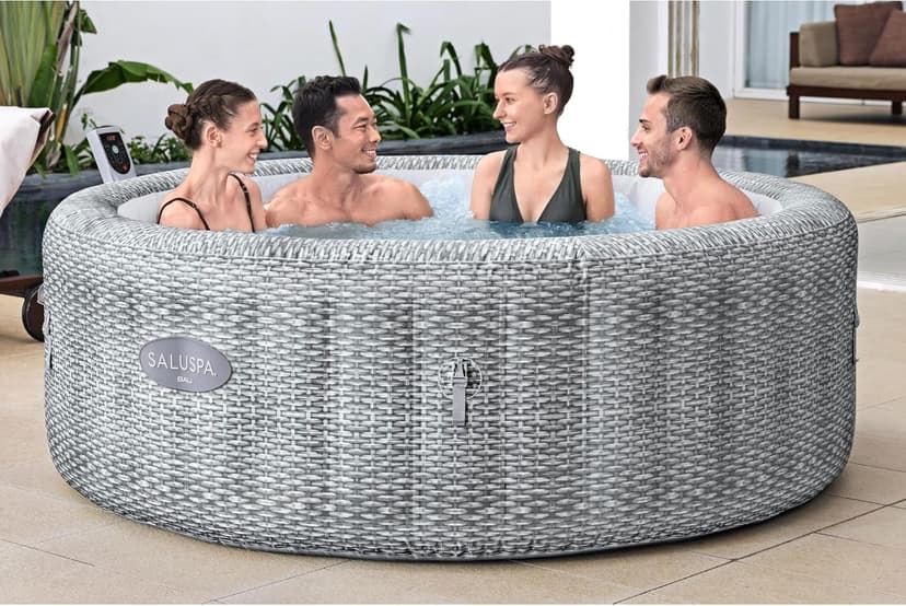 Bestway SaluSpa Bali Smart AirJet Inflatable Hot Tub Round Portable 4 to 6 Person Spa with 140 AirJets, App Control and EnergySense Cover, Grey Rattan