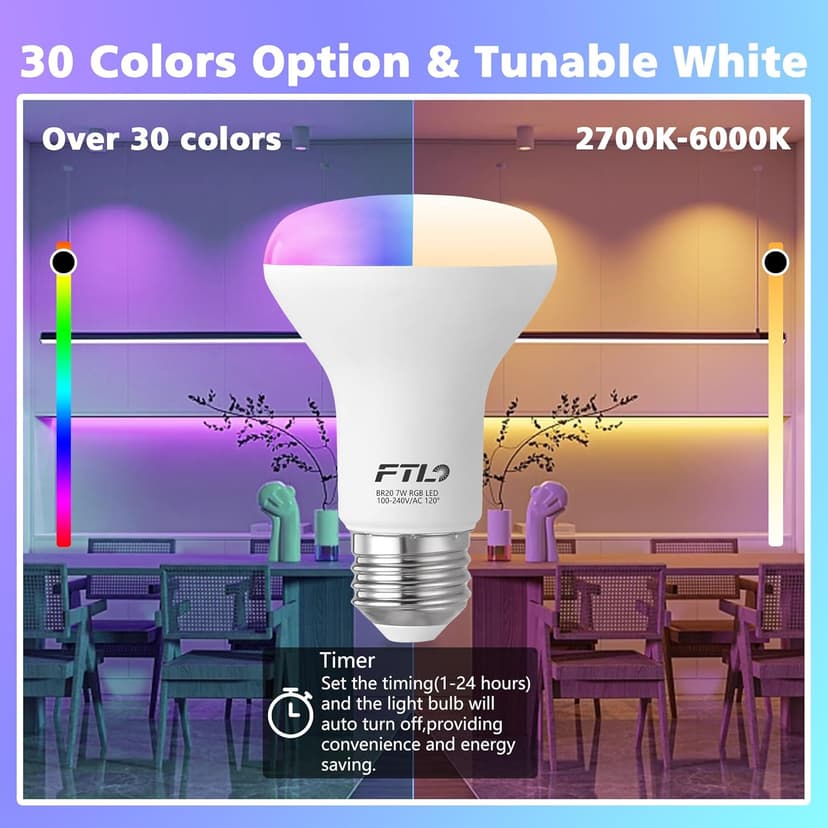 FTL R20 Color Changing Light Bulb with Remote Control, BR20 LED Bulb Dimmable RGB Colored Light Bulbs 7W=60W, 30 Colors, 2700K-6000K, Timer, Color Flood Light Bulbs for Recessed Can Lighting, 6-Pack
