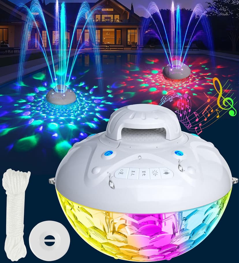 KingSom 3 in 1 Bluetooth Pool Speaker with Pool Fountain Light, 10000mAh Floating Pool Speaker, IP68 Waterproof Hot Tub Speakers, Loud Sound, BT5.4,24H Playtime Rechargeable pool Water Fountain, White