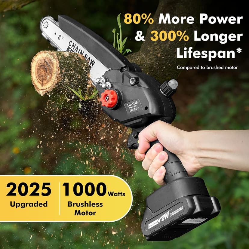 Seesii Mini Chainsaw 8 inch DL07, Electric Chainsaw Cordless, Upgraded Brushless Chain saw with Auto Oiler, 2pcs 2000mAh Batteries, Battery Powered Saws Handheld Chain Saw for Tree Branch Wood Cutting
