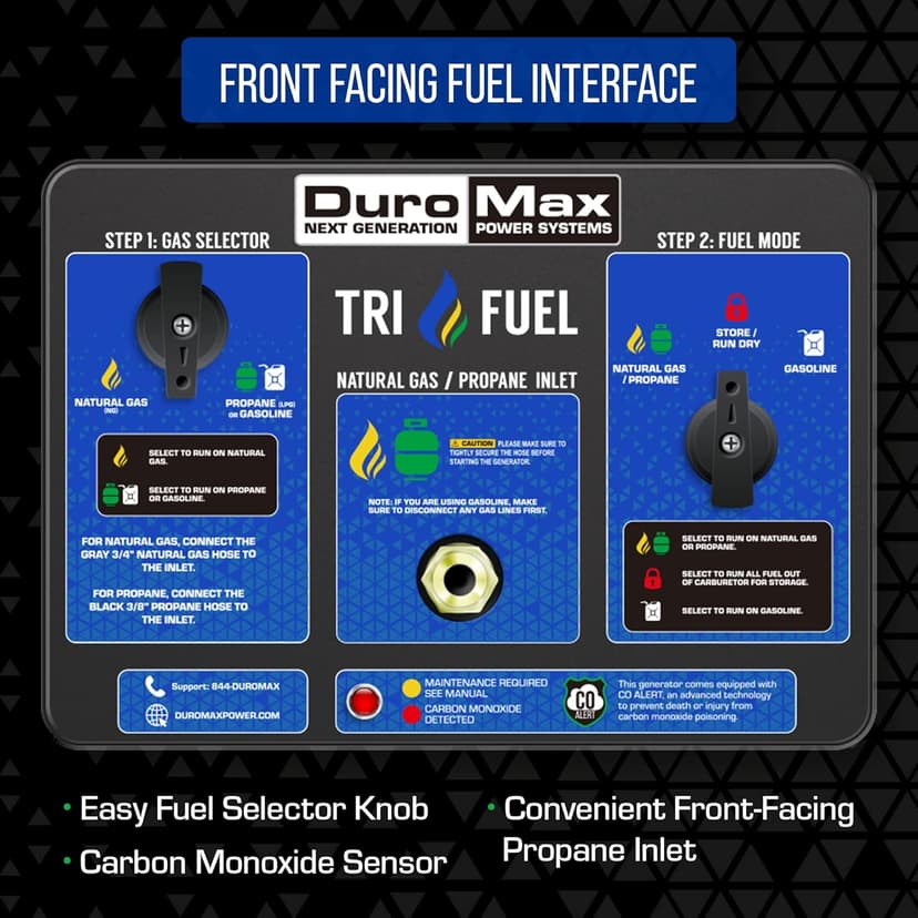 DuroMax XP13000HXT 13,000-Watt 500cc Tri Fuel Gas Propane Natural Gas Portable Generator with CO Alert, Black/Blue