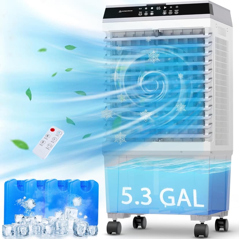 Swamp Cooler,1800CFM Portable Evaporative Air Cooler,Cooling Fan for Room Garage Patio,5.3 Gal Water Tank,3 Speeds,4 Ice Boxes,12H Timer,Remote