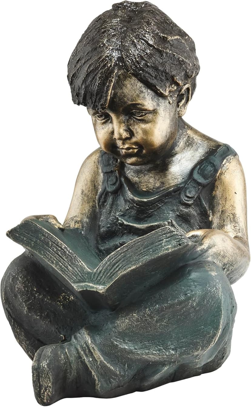 Alpine Corporation 19" Tall Indoor/Outdoor Boy Sitting Down Reading Book Statue Set Yard Art Decoration