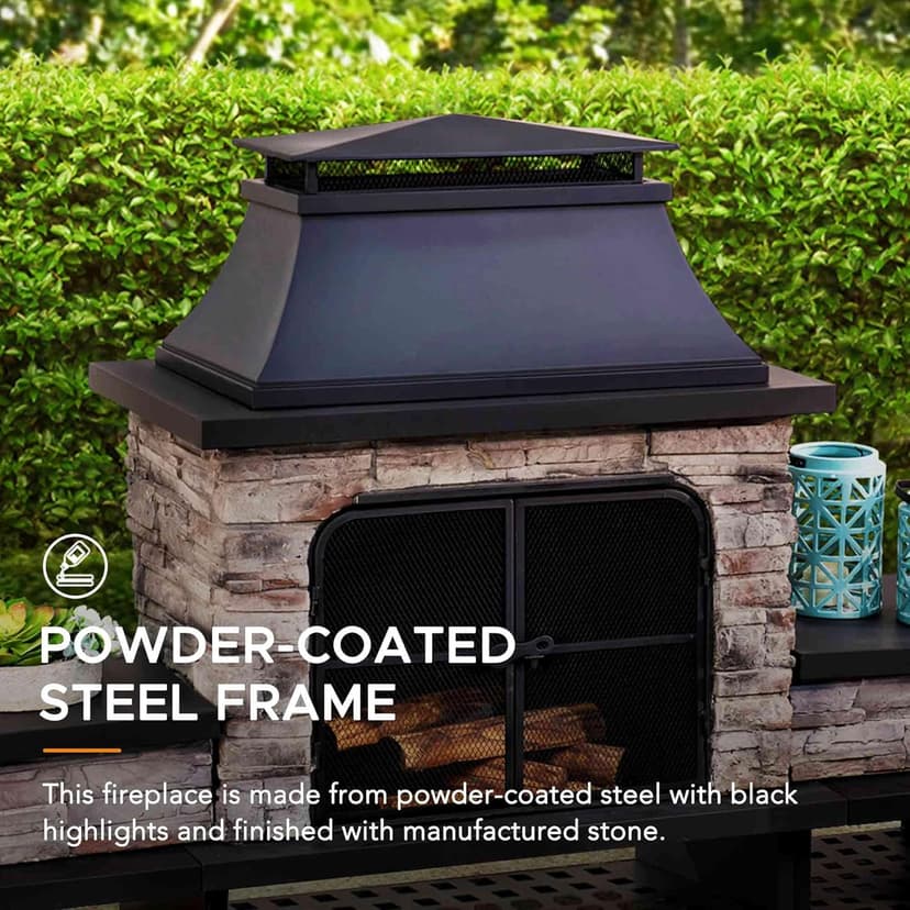 Sunjoy Outdoor Fireplace, Patio Wood Burning Fireplace with Steel Chimney, Mesh Spark Screen Doors, Fire Poker, and Removable Grate, Black