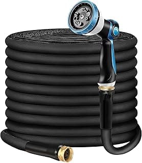 Non-Expandable Garden Hose 100feet, Flexible Water Hose with 10 Function Hose Nozzle, Lightweight, Tangle Free, Rust Proof for Yard (Black)
