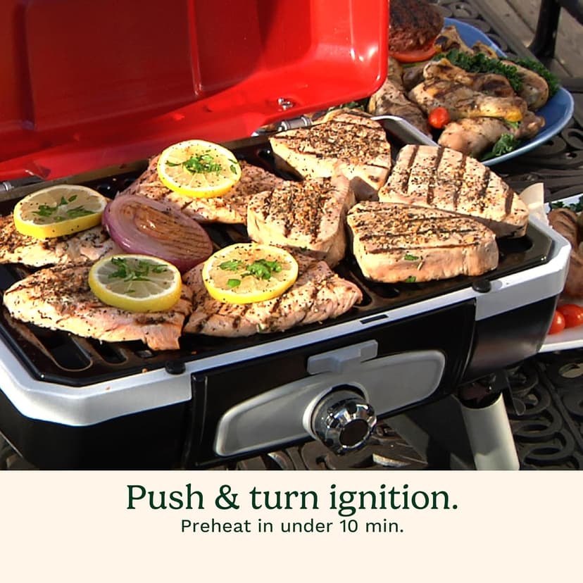 Cuisinart Petite Gourmet Portable Gas Grill, Compact & Lightweight Tabletop Small Grill for BBQs, Camping, Tailgates & Small Spaces, 5,500 BTU Burner Folding with Carry Handles, Red