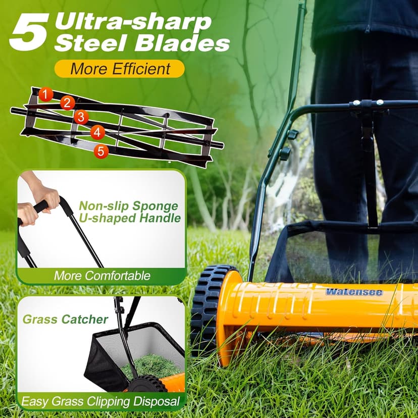 Walensee 16-Inch 5-Blade Push Reel Lawn Mower, Cordless Manual Reel Lawn Mower Walk-Behind Steel Lawn Mowers with Removable 7.9-Gallon Grass Catcher, Sponge Grip, 4-Position Cutting Height Adjustment