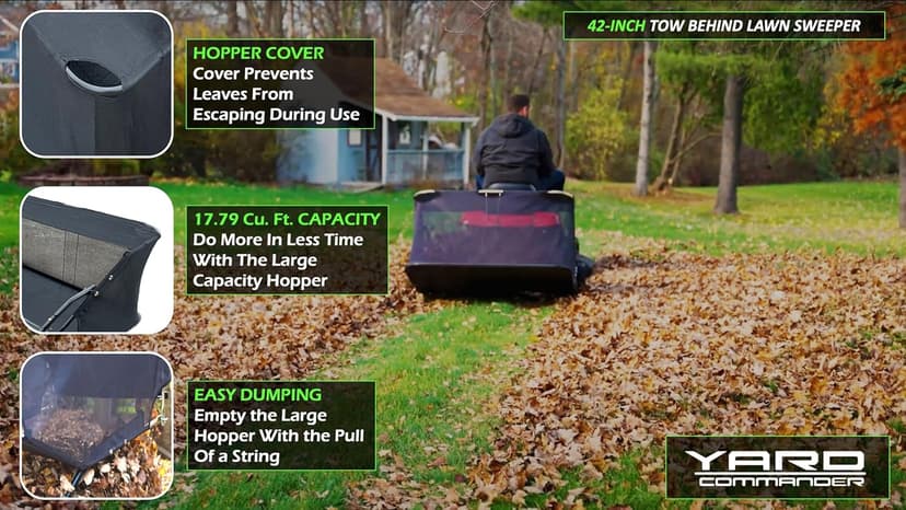 42-Inch Tow-Behind Lawn Sweeper, 10" Nylon Brushes, Universal Tractor/ATV Hitch, Never-Flat Wheels, Adjustable Height, 1-Year Warranty, Ideal for Leaves, Grass & Debris