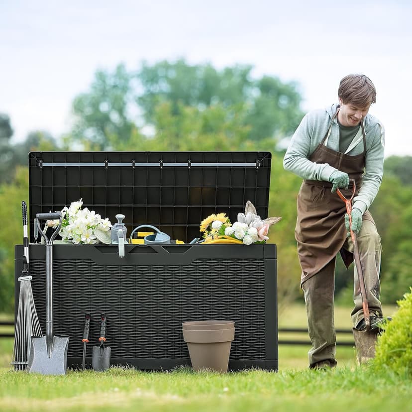 Flamaker Outdoor Storage Box 100 Gallon Waterproof Resin Deck Box Delivery Box with Air Rod Indoor Outdoor Lockable Storage Bench for Patio Cushions, Tools, Pool Accessories (Black)