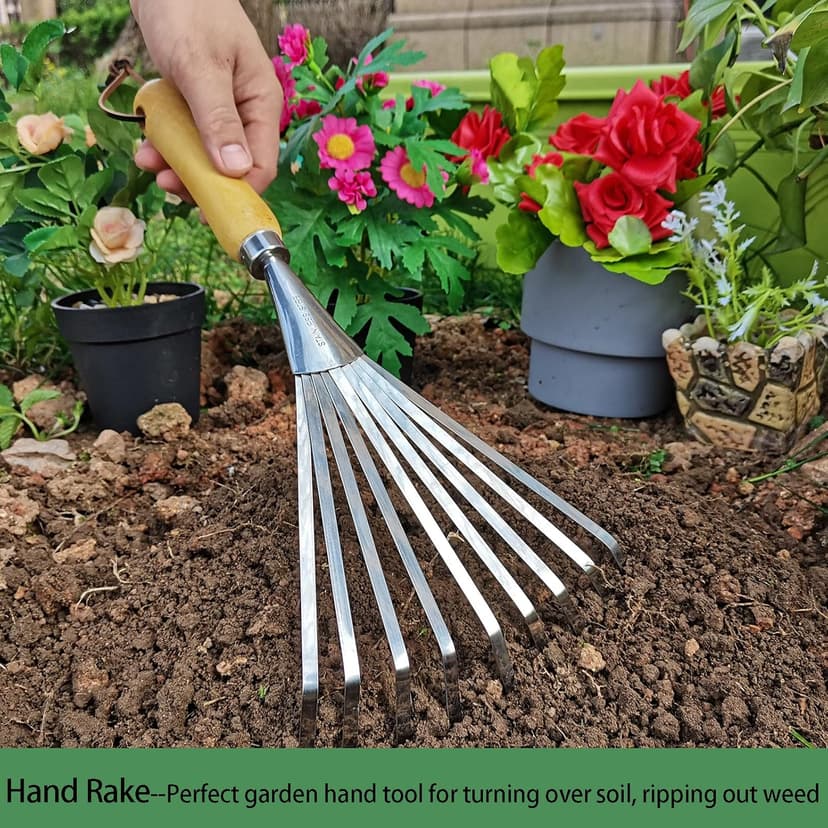 Hand Rakes, Garden Stainless Steel Hand Rake Soil Tiller with Ergonomic Handle, Small Leaf Rakes Great for Gardening, Garden Sweep Yard Flower Beds Tool