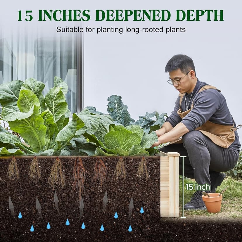 Amerlife 8x4 Ft Wood Raised Garden Bed, Durable 15 Inch Depth Planter Box for Vegetables, Herbs, and Flowers, Ideal for Outdoor Gardening with Open Base