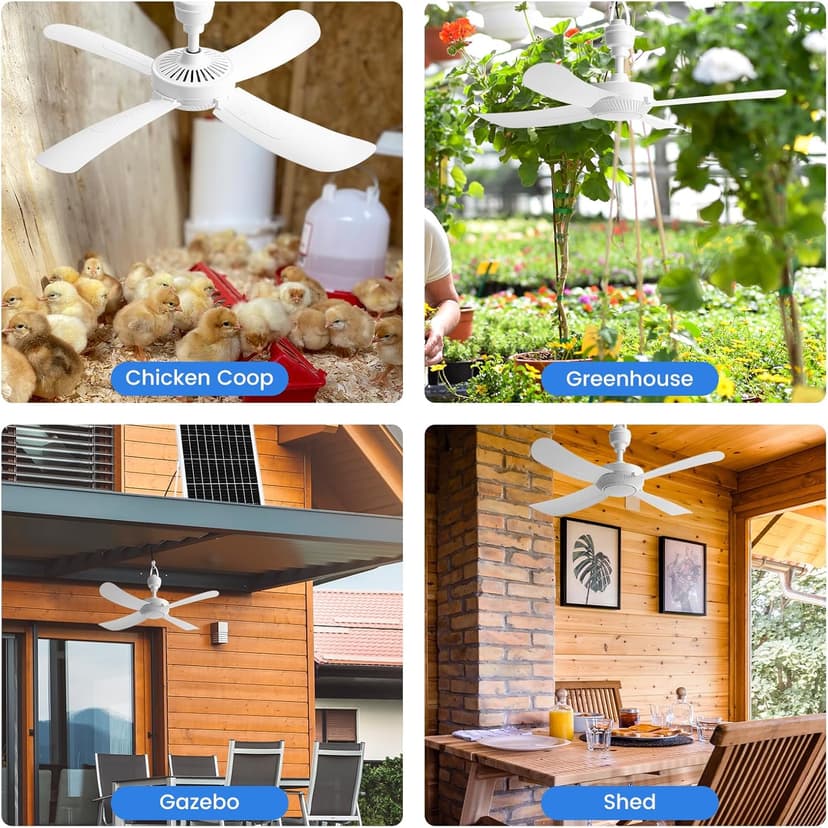 23.6'' Solar Ceiling Fan, 25W Solar Powered Hanging Fans for Outdoor Gazebo, Chicken Coop, Greenhouse, Shed, Dog House, 19.7 Ft Long Cord with On/Off Button