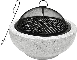Teamson Home Round Steel Outdoor Fire Pit Outside Wood Burning Firepit Bonfire with Spark Screen, Firebowl, Poker, Stainless Steel Rack, Charcoal Grill for Patio Garden Backyard BBQ, 24 Inch, Gray