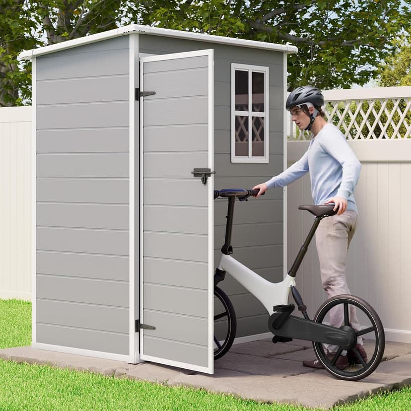 Gizoon 5X3 FT Resin Outdoor Storage Shed, Plastic Garden Sheds with Floor to Store Patio Furniture, Gardening Tools, Outside Patio Storage House with Lockable Door for Backyard, Lawn, Grey