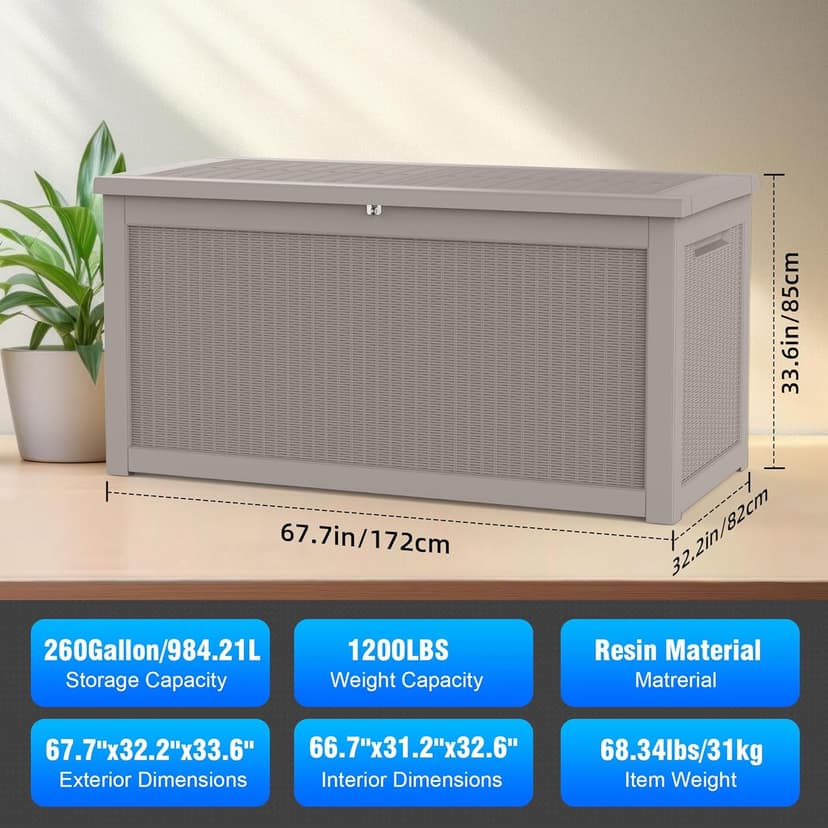 260 Gallon Deck Box XXL Large Outdoor Storage for Patio Furniture,Outdoor Cushions,Garden Tools and Pool Supplies,Waterproof,Resin,Lockable(Grey Rattan)