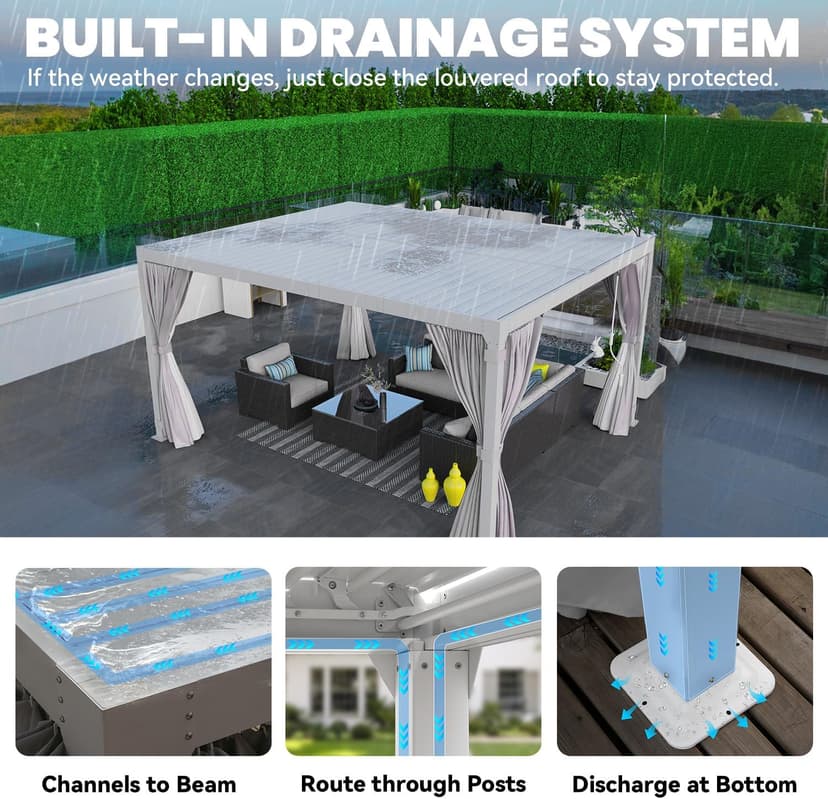 Louvered Pergola 10x12ft, Adjustable Aluminum Pergola with Waterproof Curtains and Nets, Sun & Rain Shade for Patio, Modern DIY Outdoor Living Upgrade, White