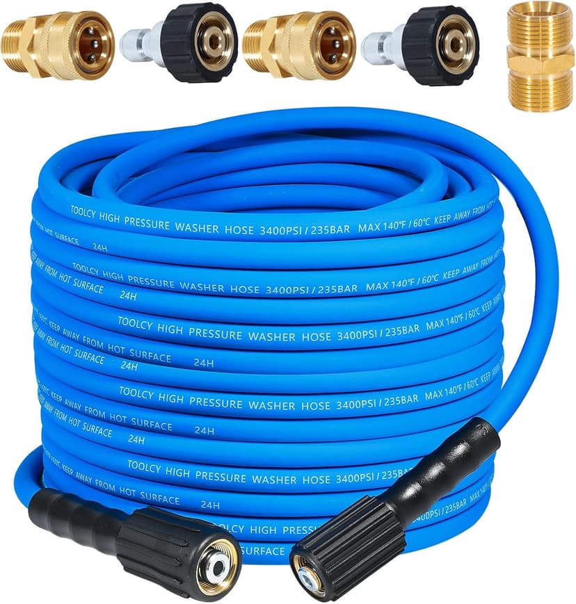 TOOLCY Wearproof Pressure Washer Hose 50ft, 3400 PSI Kink Resistant Power Washer Hose 1/4 in., Replacement Power Wash Hose with M22 and 3/8" Quick Connection Kit for Gas & Electric