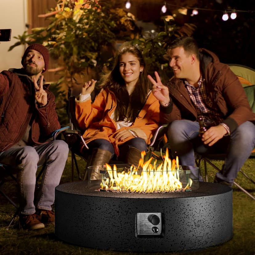 COSIEST 40.5-inch Outdoor Propane Fire Pit Coffee Table w Concrete Round Base Patio Heater, CSA Certified, 50,000 BTU Stainless Steel Burner, Free Lava Rocks, Rain Cover, Wind Guard, Tank Cover, Gray