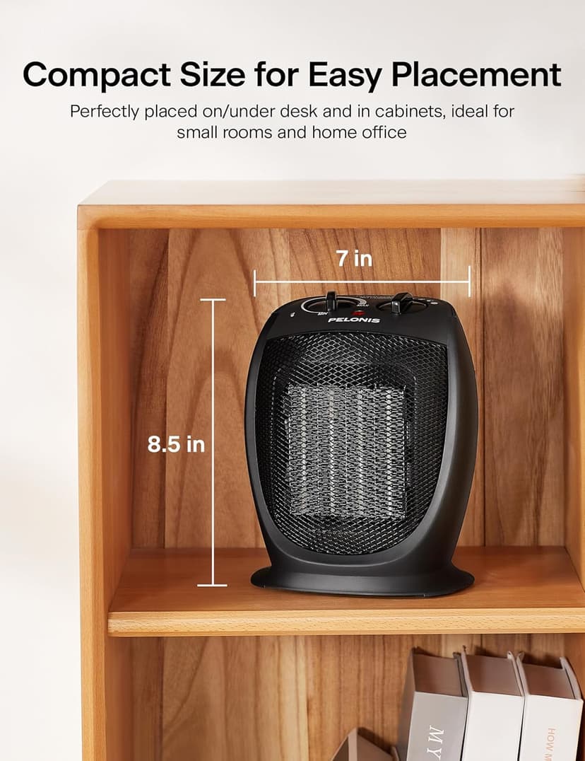 PELONIS PHTA1ABB Portable, 1500W/900W, Quiet Cooling & Heating Mode Space Heater for All Season, Tip Over & Overheat Protection,for Home, Office Personal Use, Black , 9inch
