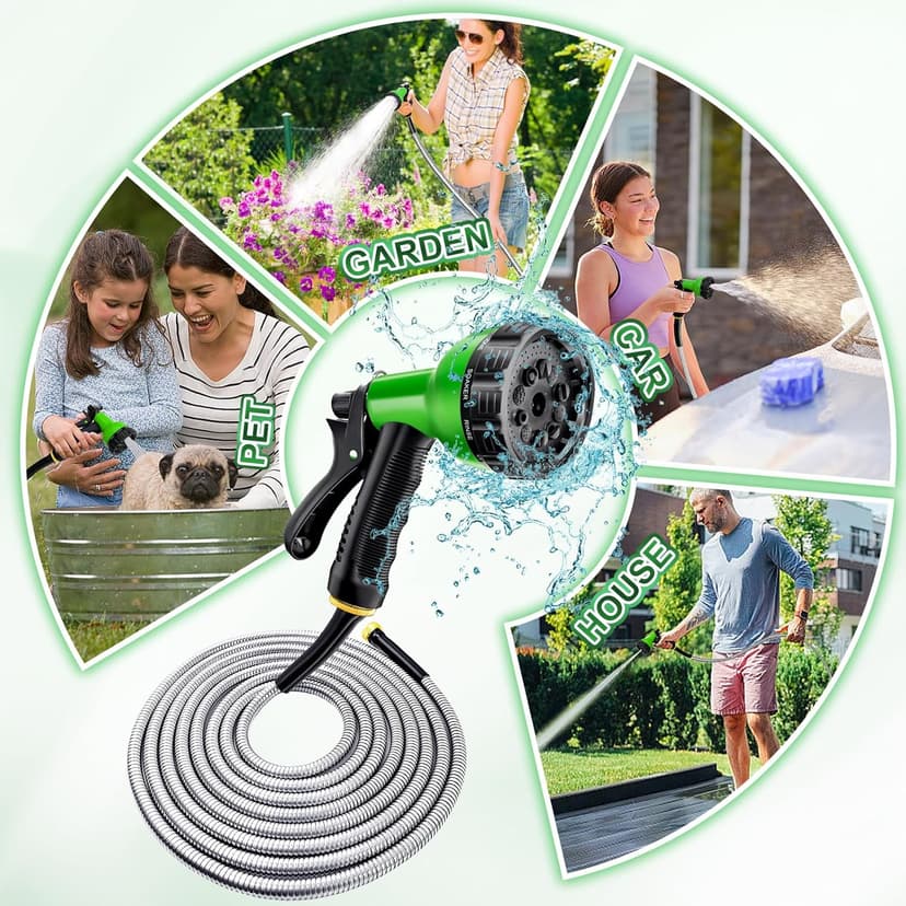 Garden Hose 100 ft - Stainless Steel Water Hose 100ft with 10 Function Nozzle, No Kinks & No Tangles, Flexible, Lightweight, Puncture & Rust Proof Metal Garden Hose for Yard, RV, Garden, Outdoor