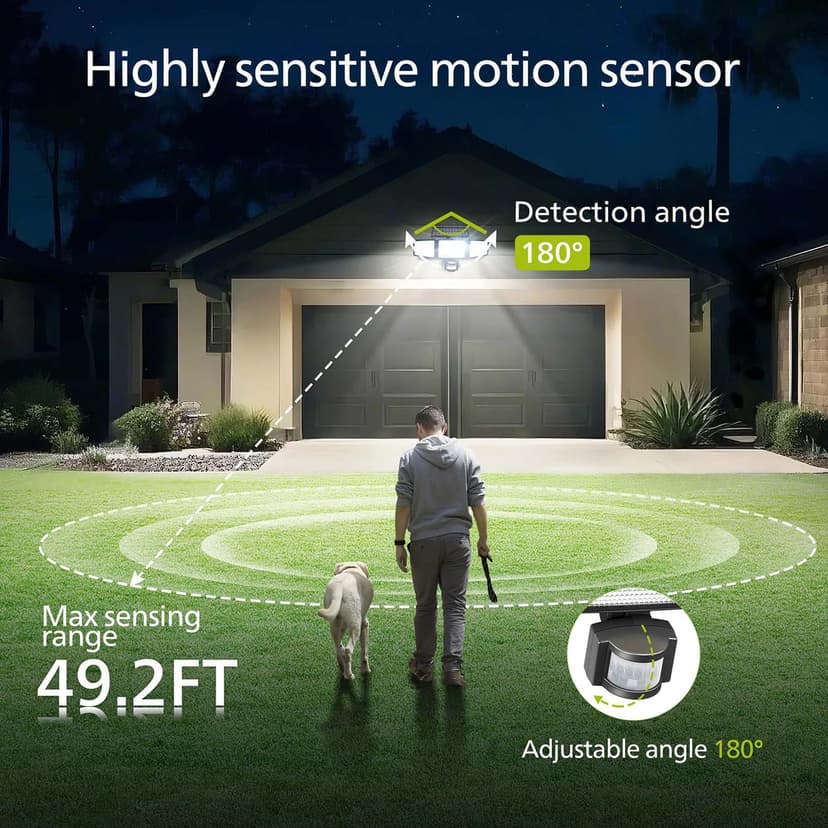 Philips Solar Security Light Outdoor 302 LED 1200lm，Solar-Powered Waterproof Wall-Mounted Flood Light w/PIR Motion Sensor, 3 Heads, IP65 Waterproof, 3 Modes (2 Packs)
